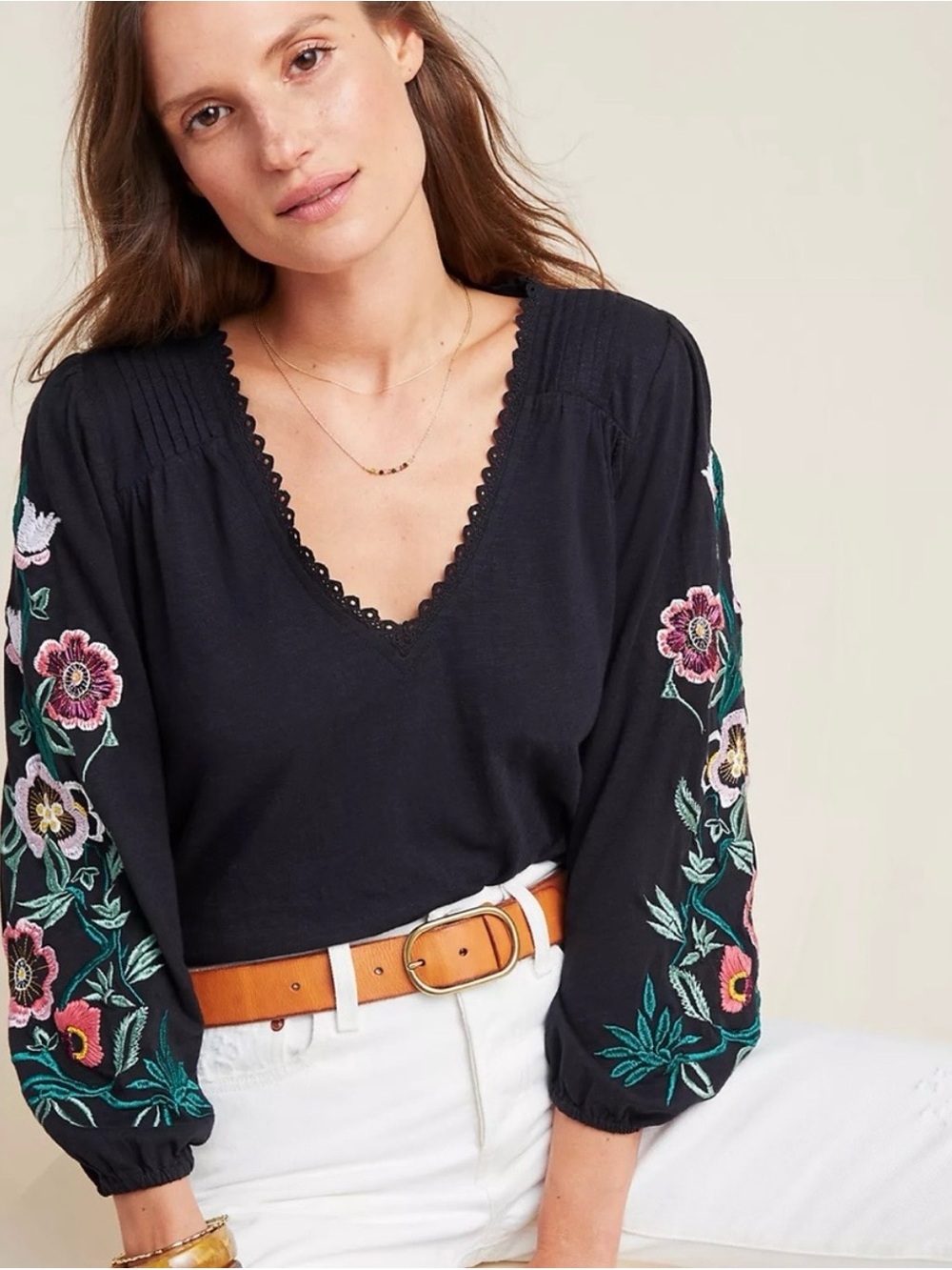 Anthropologie Helene black embroidered peasant blouse size L